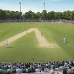 A detailed image of a cricket match in progress on a lush green pitch, with players fiercely focused on the dynamic gameplay under a brilliant sunny sky.