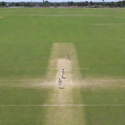 A detailed image of a cricket match in progress on a lush green pitch, with players fiercely focused on the dynamic gameplay under a brilliant sunny sky.