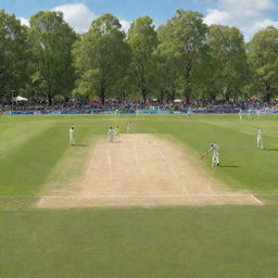 A detailed image of a cricket match in progress on a lush green pitch, with players fiercely focused on the dynamic gameplay under a brilliant sunny sky.