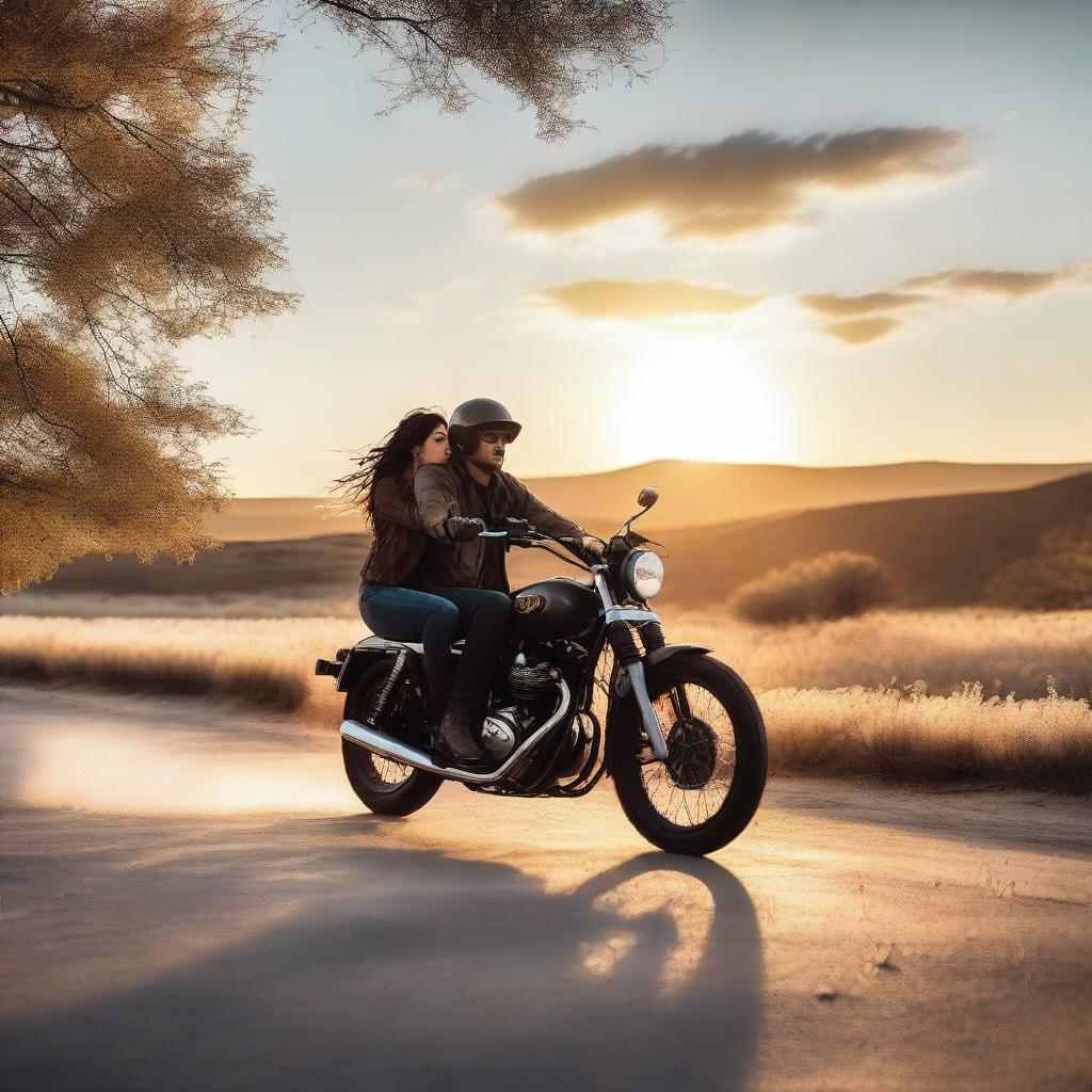 A romantic scene featuring a couple on a motorcycle, riding through a scenic landscape at sunset