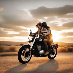 A romantic scene featuring a couple on a motorcycle, riding through a scenic landscape at sunset