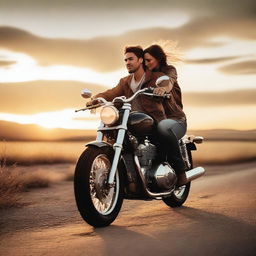 A romantic scene featuring a couple on a motorcycle, riding through a scenic landscape at sunset