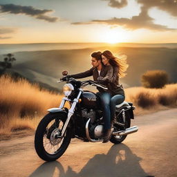 A romantic scene featuring a couple on a motorcycle, riding through a scenic landscape at sunset