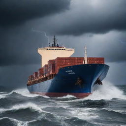 A massive cargo ship navigating through a torrential rain, with dramatic flashes of lightning in the dark stormy sky illuminating the vessel and the raging sea around it.