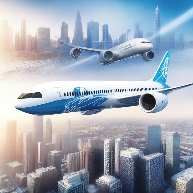 A futuristic illustration of a Boeing 787 Dreamliner integrated with advanced artificial intelligence technology