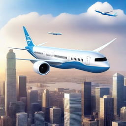 A futuristic illustration of a Boeing 787 Dreamliner integrated with advanced artificial intelligence technology