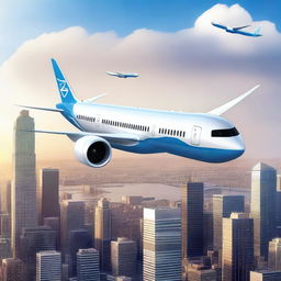 A futuristic illustration of a Boeing 787 Dreamliner integrated with advanced artificial intelligence technology