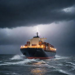 A massive cargo ship navigating through a torrential rain, with dramatic flashes of lightning in the dark stormy sky illuminating the vessel and the raging sea around it.