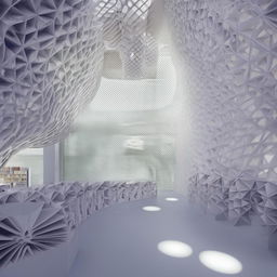 A parametrically designed library inspired by brain frequencies; with bookshelves representing brain waves, alpha, beta, and theta waves represented through unique geometric patterns imbued into the structure.