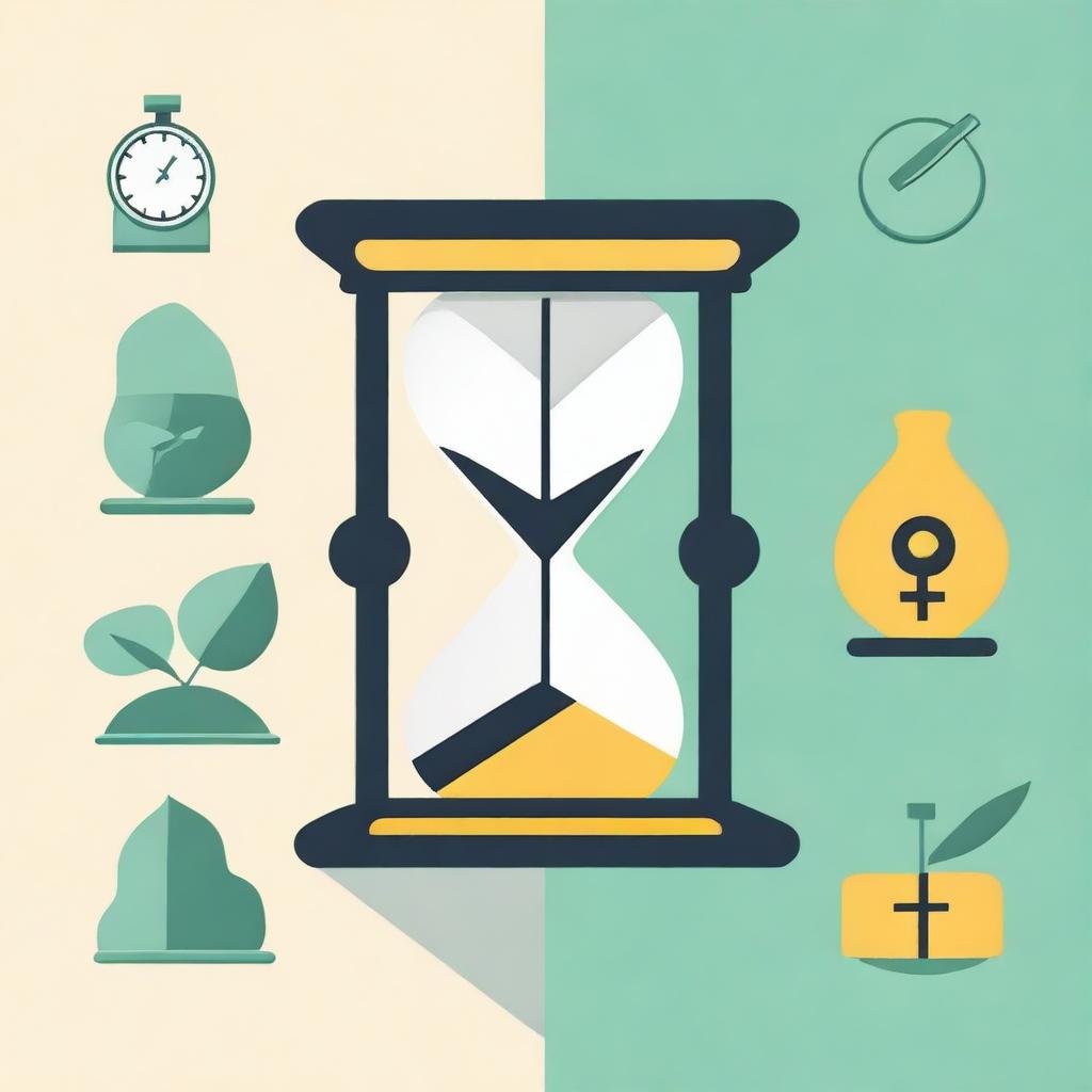 Create an image that uses simple shapes to symbolize the concepts of time, knowledge, and wealth
