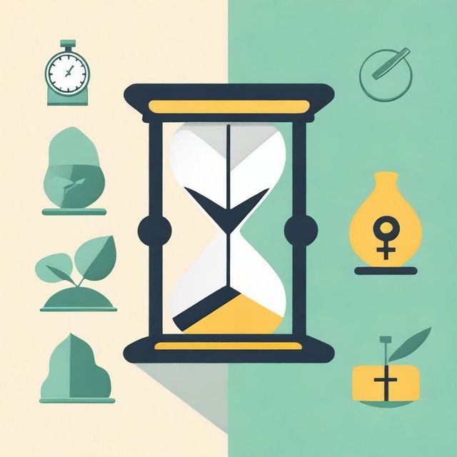 Create an image that uses simple shapes to symbolize the concepts of time, knowledge, and wealth