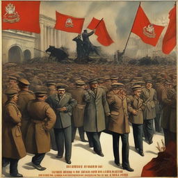 A detailed and historical depiction of the Russian Revolution of 1932, showcasing key events and figures in a dramatic and educational manner