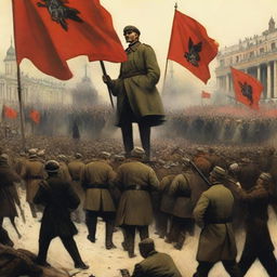 A detailed and historical depiction of the Russian Revolution of 1932, showcasing key events and figures in a dramatic and educational manner