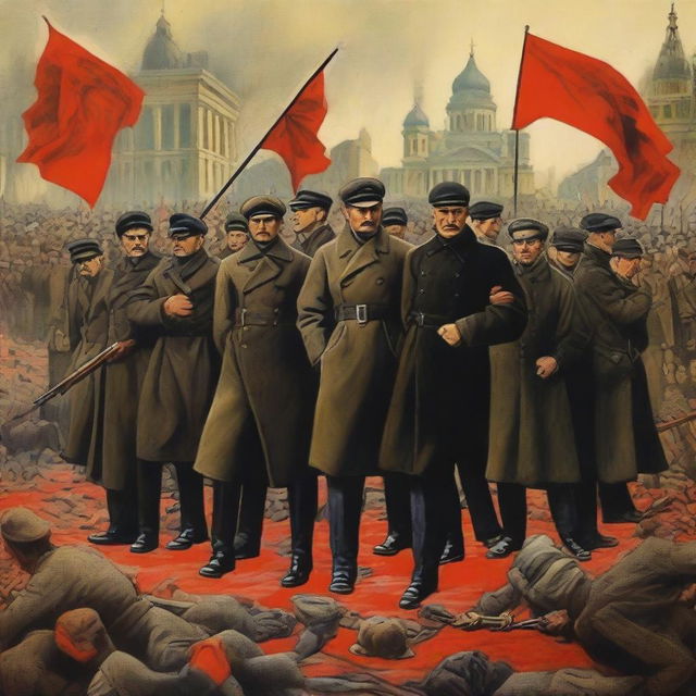 A detailed and historical depiction of the Russian Revolution of 1932, showcasing key events and figures in a dramatic and educational manner