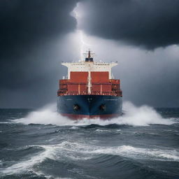 A massive cargo ship navigating through a torrential rain, with dramatic flashes of lightning in the dark stormy sky illuminating the vessel and the raging sea around it.