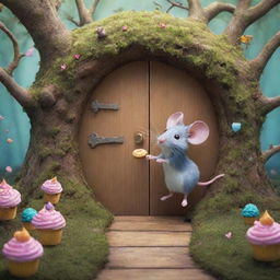 Create an image of a magical forest where a mouse named Sparkle is discovering a hidden door. Behind it emerges a whimsical world filled with walking trees and flying cupcakes, signifying upcoming daily adventures.