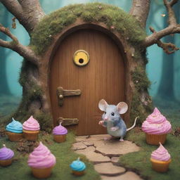 Create an image of a magical forest where a mouse named Sparkle is discovering a hidden door. Behind it emerges a whimsical world filled with walking trees and flying cupcakes, signifying upcoming daily adventures.