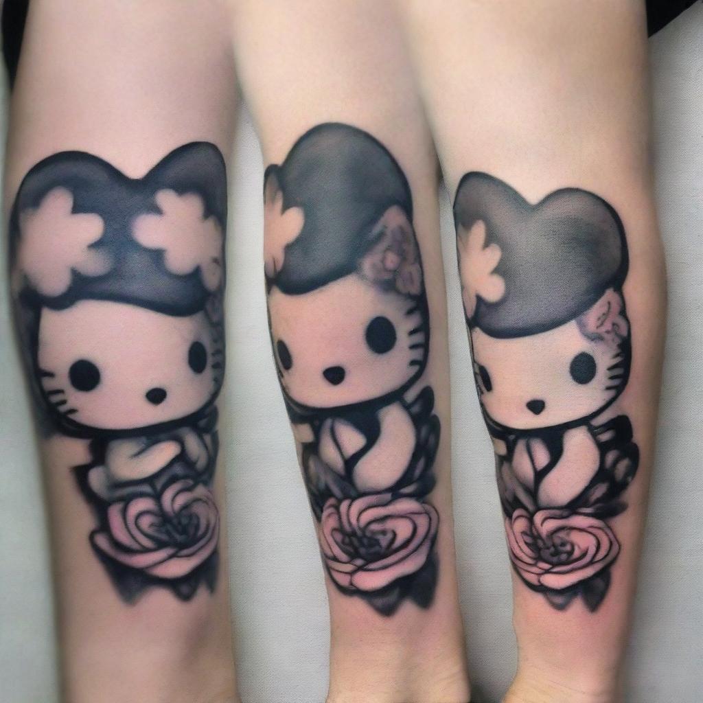 Create an image of Hello Kitty with a grunge aesthetic, featuring a Black Dahlia piercing and a face tattoo