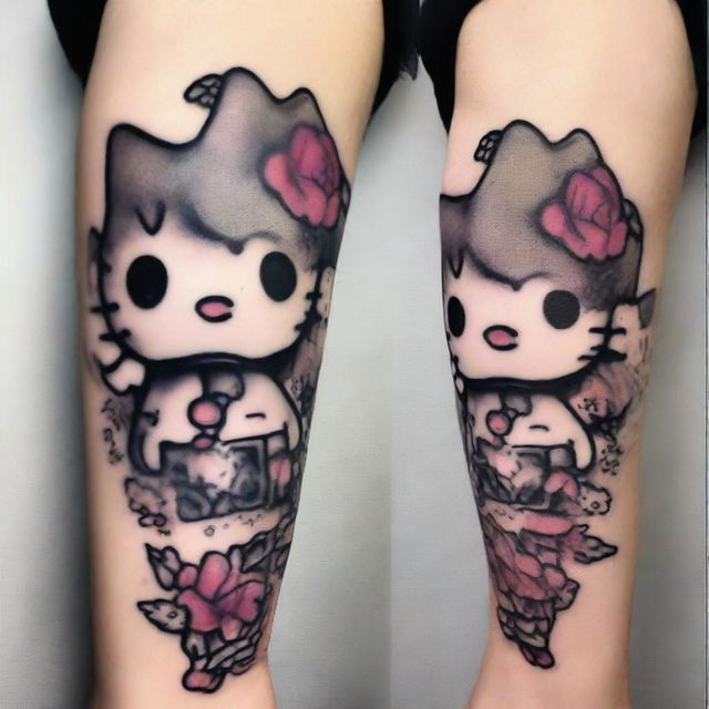 Create an image of Hello Kitty with a grunge aesthetic, featuring a Black Dahlia piercing and a face tattoo