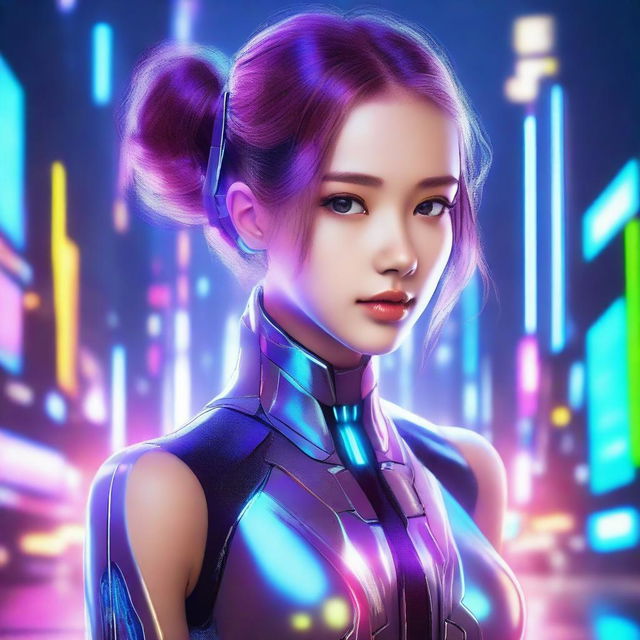 A beautiful AI girl with a futuristic design, featuring glowing elements, sleek metallic textures, and a friendly expression