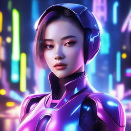 A beautiful AI girl with a futuristic design, featuring glowing elements, sleek metallic textures, and a friendly expression