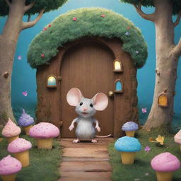 Create an image of a magical forest where a mouse named Sparkle is discovering a hidden door. Behind it emerges a whimsical world filled with walking trees and flying cupcakes, signifying upcoming daily adventures.