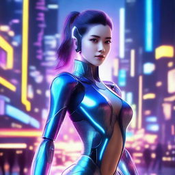 A beautiful AI girl with a futuristic design, featuring glowing elements, sleek metallic textures, and a friendly expression