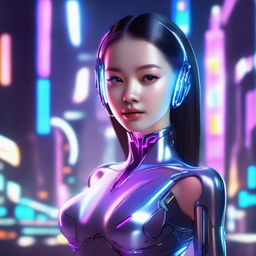 A beautiful AI girl with a futuristic design, featuring glowing elements, sleek metallic textures, and a friendly expression