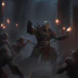 A fierce half orc warrior battling a group of vampires in a dark, eerie crypt