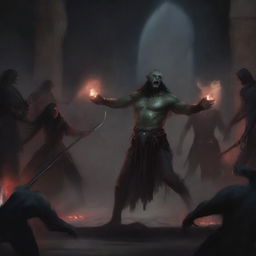 A fierce half orc warrior battling a group of vampires in a dark, eerie crypt