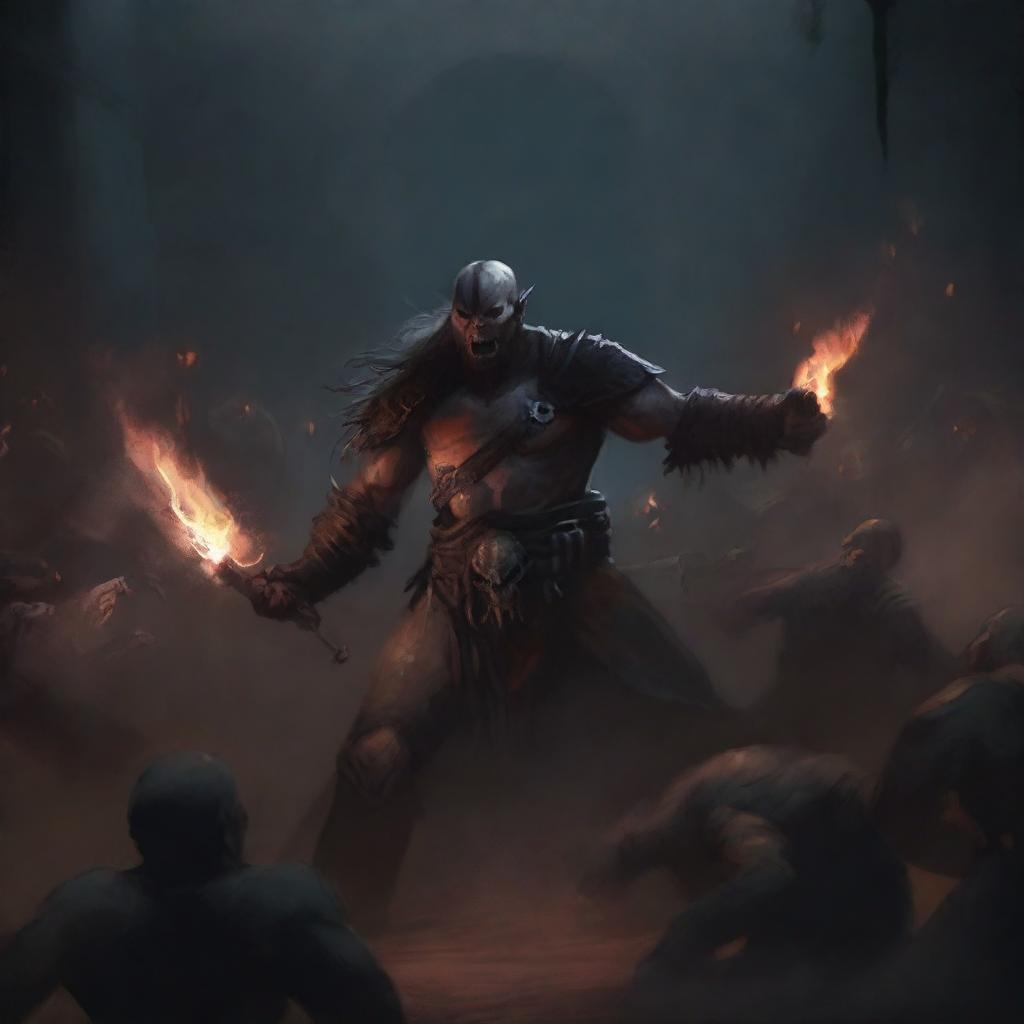 A fierce half orc warrior battling a group of vampires in a dark, eerie crypt