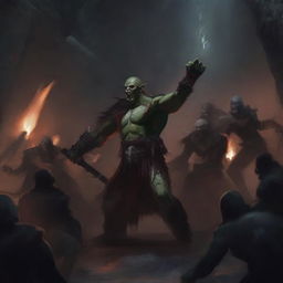 A fierce half orc warrior battling a group of vampires in a dark, eerie crypt