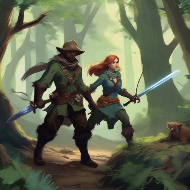 A male and female ranger fighting off a group of kobolds in a dense, mystical forest