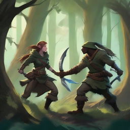 A male and female ranger fighting off a group of kobolds in a dense, mystical forest