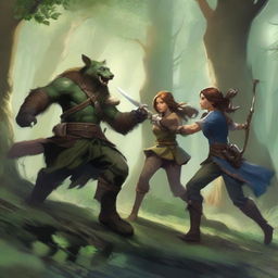 A male and female ranger fighting off a group of kobolds in a dense, mystical forest