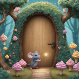 Create an image of a magical forest where a mouse named Sparkle is discovering a hidden door. Behind it emerges a whimsical world filled with walking trees and flying cupcakes, signifying upcoming daily adventures.