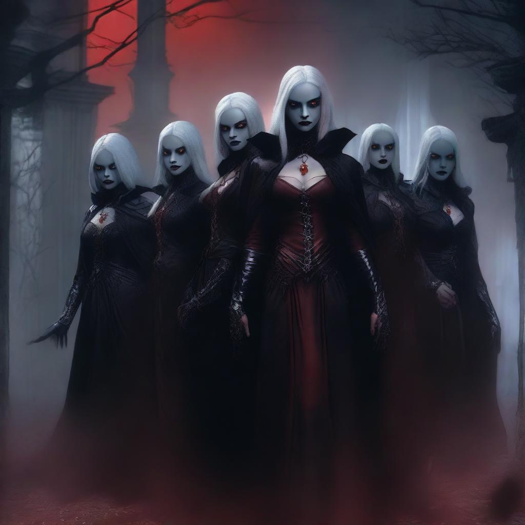 A group of female drow vampires with dark, alluring features and glowing red eyes