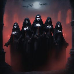 A group of female drow vampires with dark, alluring features and glowing red eyes