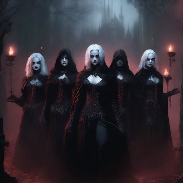 A group of female drow vampires with dark, alluring features and glowing red eyes