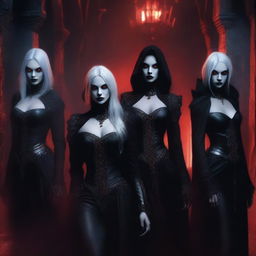 A group of female drow vampires with dark, alluring features and glowing red eyes