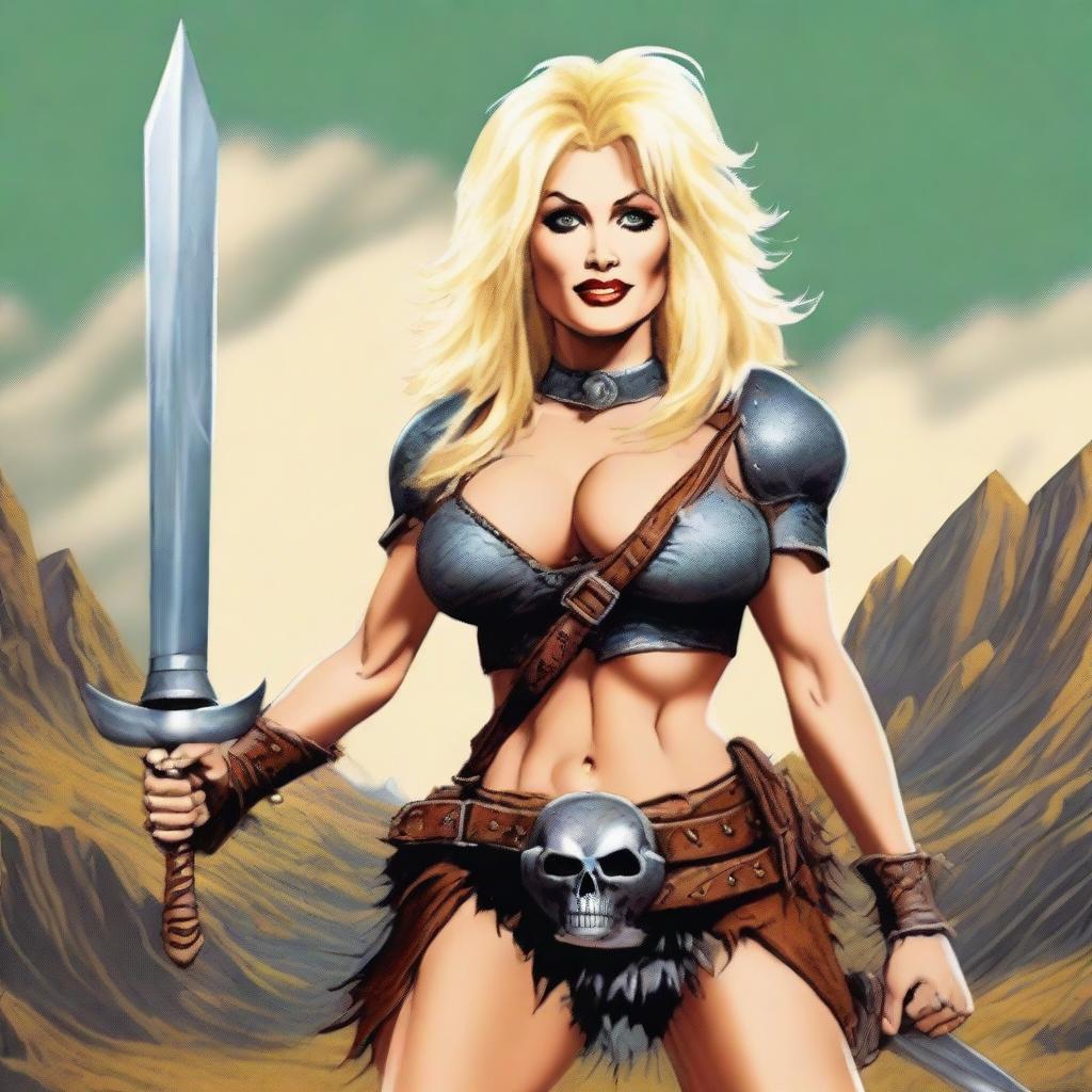 Dolly Parton depicted as a fierce barbarian warrior