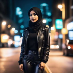 A confident 18-year-old Muslim girl wearing a stylish leather outfit