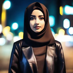 A confident 18-year-old Muslim girl wearing a stylish leather outfit