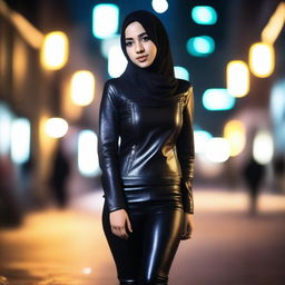 A confident 18-year-old Muslim girl wearing a stylish leather outfit