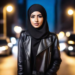 A confident 18-year-old Muslim girl wearing a stylish leather outfit