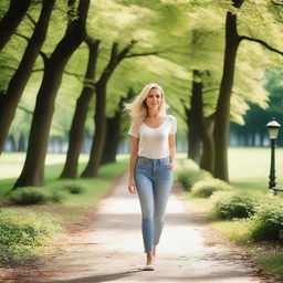 A cute blonde woman taking a walk in the park