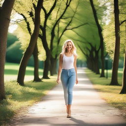 A cute blonde woman taking a walk in the park