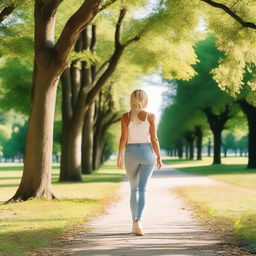 A cute blonde woman taking a walk in the park