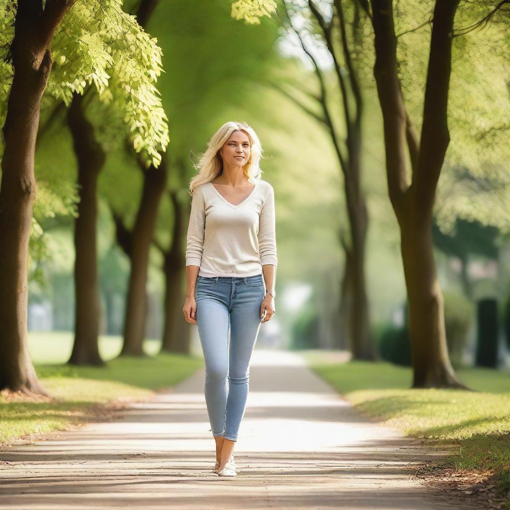 A cute blonde woman taking a walk in the park