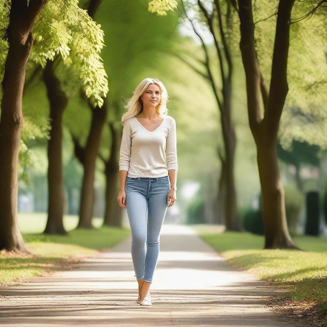 A cute blonde woman taking a walk in the park